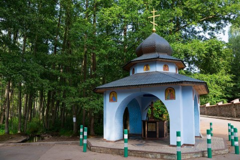 A small blue Orthodox chapel with a dome and icons in the forest, Well of the Holy Spring,