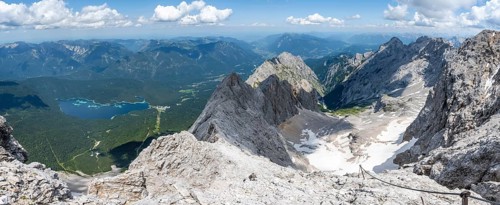 Panorama, mountain landscape, view from the summit of the Zugspitze, view of Eibsee lake and