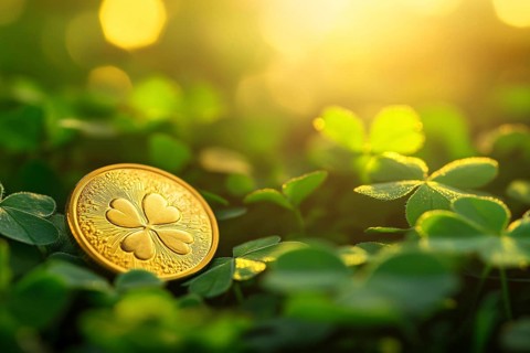 Shiny golden St. Parick's day coin with four leaved clover on clover plants with sun in background.