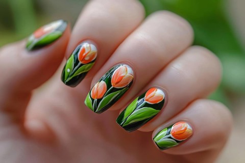 Close up of woman's hand with beautiful spring themed nail art design with orange tulip flowers.