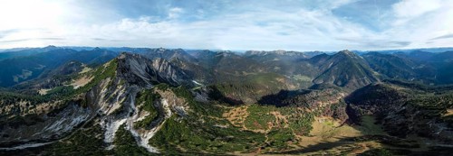 Aerial view, Alpine panorama, Bavarian and Austrian Schinder, Tegernsee mountains in the Mangfall