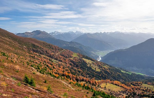View of the mountain panorama and the Upper Inn Valley in the morning light, Krahberg on the Venet