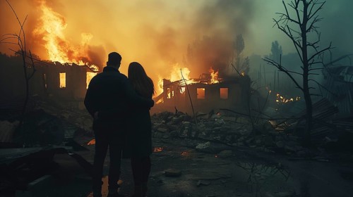 Couple embracing standing stunned gazing at the fire ruins of their home. generative AI, AI