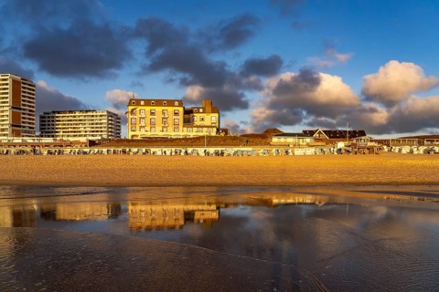 Flat tower block and Hotel Miramar on Weststrand near Westerland, island of Sylt, North Friesland
