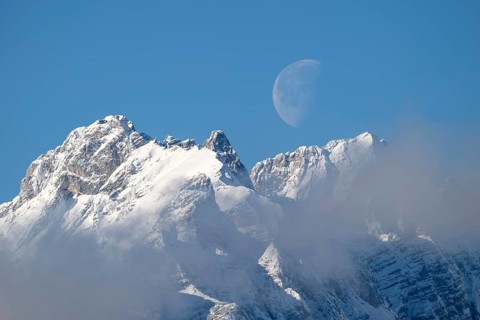 Small and large beggar's litter, moon, in winter, Vomp, Tyrol, Austria, Europe
