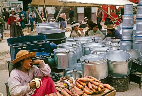 Trader with baby, street market, Huancayo, Peru, South America around 1962, South America
