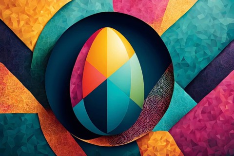 Abstract Easter egg design with geometric patterns, bold colors, and a mix of textures, creating a