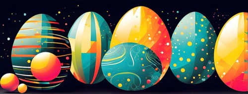 Abstract Easter egg design with geometric patterns, bold colors, and a mix of textures, creating a
