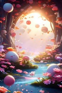 Surreal Easter scene with floating eggs, ribbons, and flowers in a dreamlike, whimsical composition