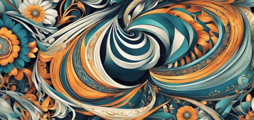 A whimsical abstract pattern with intertwined ribbons, eggs, and floral motifs, with a mix of sharp