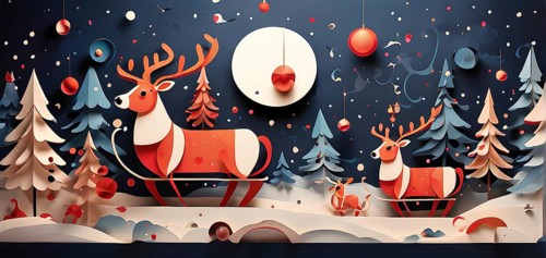 Whimsical abstract scene with stylized reindeer and sleighs to capture the magic of Christmas, AI