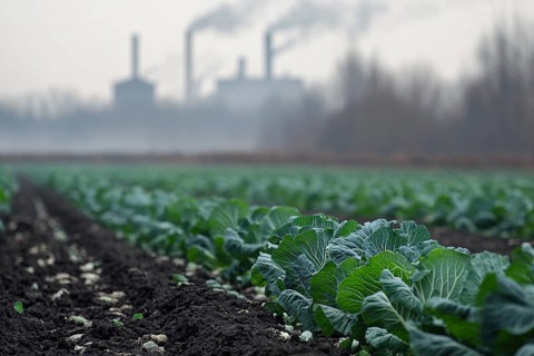 Agricultural field with growing cabbage and factory with grey fumes in blurry background.