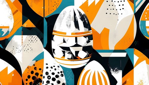 Illustration of an abstract Easter egg design with geometric patterns, bold colors, and a mix of