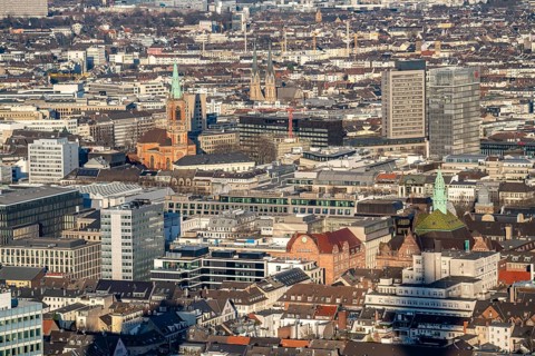 View over the city centre of Düsseldorf, Friedrichstadt, Carlstadt, on the left Johanneskirche,