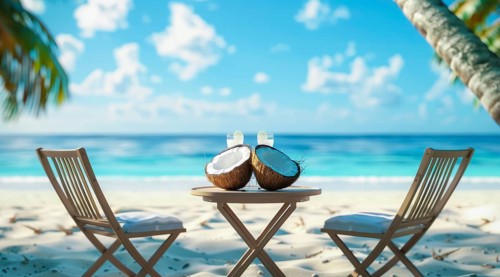 Beach scene with coconut, chairs and cocktail. Summer vacation and ocean in the background, AI