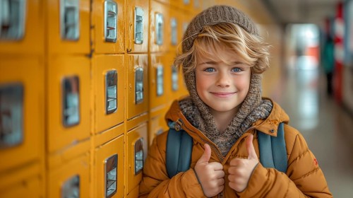 Cute caucasian school boy giving a thumbs up in the hallway of his school. generative AI, AI