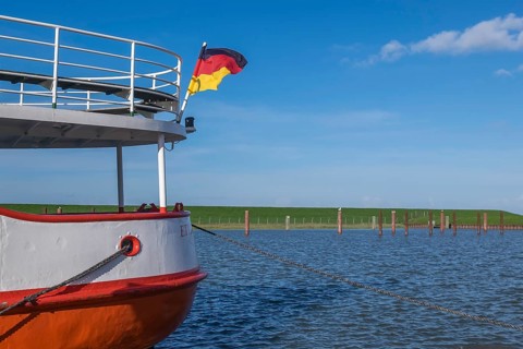 Stern of an excursion boat, Jade Bay, German Bight, North Sea, Lower Saxony, Northern Germany,
