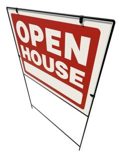 Left facing open house real estate yard sign isolated on a white background