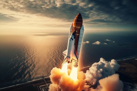 Aerial view of a rocket shuttle carrier launch at sunrise over an ocean coast. The rocket is