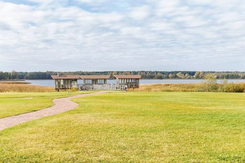 Modern gazebo near the lake with green lawn, tile path and landscape design with ornamental grasses