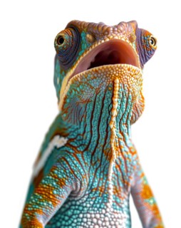 Beautiful expressive chameleon singing of talking isolated on a white background, AI generated