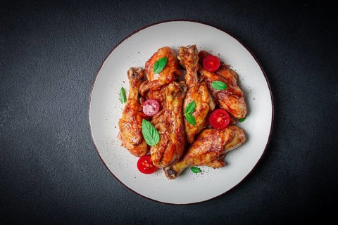 Fried chicken legs, in soy sauce, spices, herbs, top view, homemade