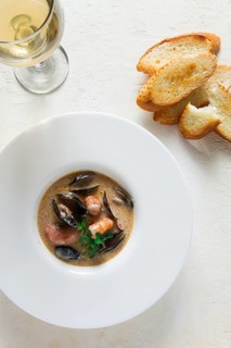 Seafood, shrimp and mussels, in creamy garlic sauce, homemade, no people