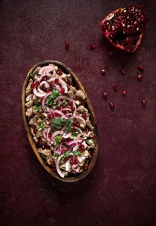 Kuchmachi, Traditional Georgian cuisine, chicken giblets appetizer, with spices and pomegranate