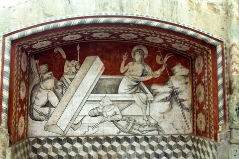 Saint-Antoine l'Abbaye labeled Les Plus Beaux Villages de France, wall painting in abbey church,