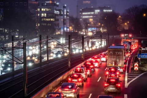 Traffic jam on the A40 motorway, Ruhrschnellweg, in Essen, in front of the Ruhrschnellweg tunnel,