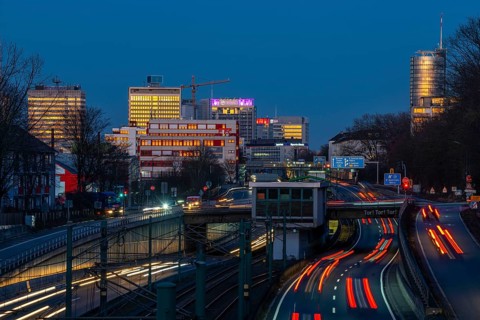 The skyline of Essen city centre, A40 motorway, Ruhr Expressway, North Rhine-Westphalia, Germany,