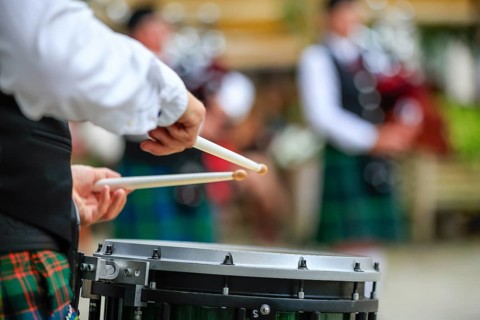 Snare drum players, bagpipe orchestra, pipe concert, Sigmaringen, Baden-Württemberg, Germany,