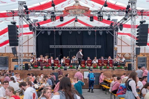 Music band in the well-attended beer tent at the time of the Kulmbach Beer Week, Kulmbach, Upper