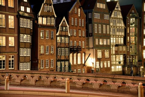 Europe, Germany, Hamburg, City, Nikolaifleet, Night, Fleetside, Backside of the historic
