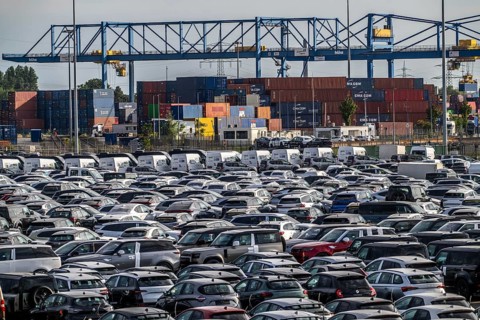 Car terminal in the Logport I inland port, in Duisburg on the Rhine, vehicle handling of new cars,