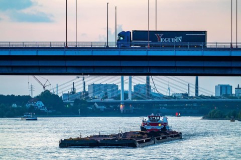 The Bridge of Solidarity, the longest tied-arch bridge in Germany, over the Rhine from
