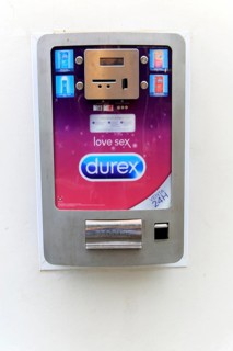 Wall mounted Durex condom 24 hour contraceptive machine, Caceres, Extremadura, Spain, Europe