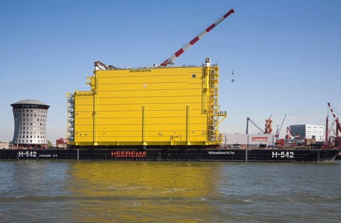 Construction of Dolwin Alpha converter platform station for offshore North Sea wind industry, Port