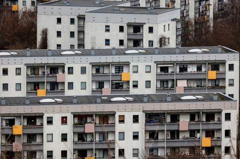 View of high-rise buildings and apartment blocks in the Berlin district of Marzahn-Hellersdorf,