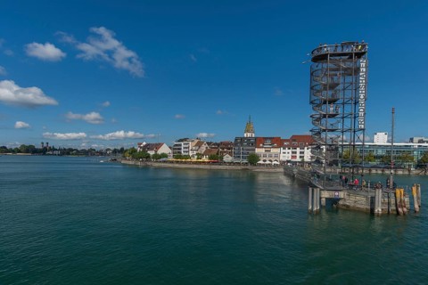 Townscape, lakeside promenade, Moleturm observation tower, church tower, St. Nicholas Church,