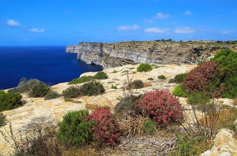 Coastal clifftop landscape view westwards at Ta' Cenc cliffs, island of Gozo, Malta, Europe