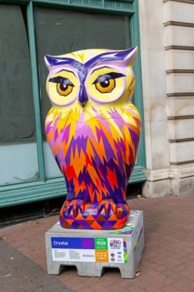 Big Hoot 2022, art trail event large painted owl sculpture in town centre, Ipswich, Suffolk,
