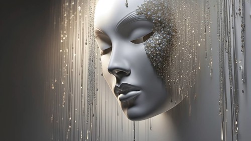 3d rendering of a mask adorned with tears suspended on a wall, AI generated