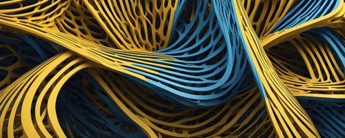 Abstract rendering of organic grid structure in a complex pattern in blue and yellow colors, AI