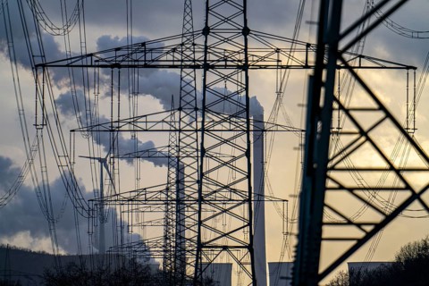 High-voltage power lines, overhead pylons, UNIPER coal-fired power plant Scholven in the