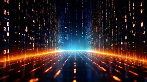 Digital data tunnel streaming with cascading binary code, AI generated