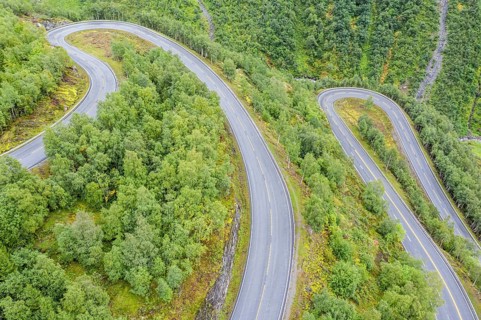 Hairpin curves in valley Hjelledalen east of Stryn, Norway, Europe
