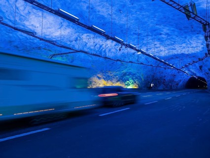 Tunnel between Aurland and Laerdal, Laerdalstunnelen, illuminated caves allow a stop, Sognefjord