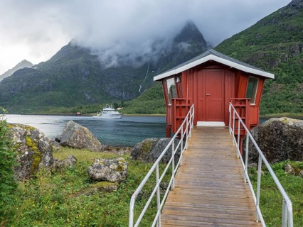 Cabin on the campsite at Raften at the Raftsund, the waterway between Lofoten and Vesteralen,