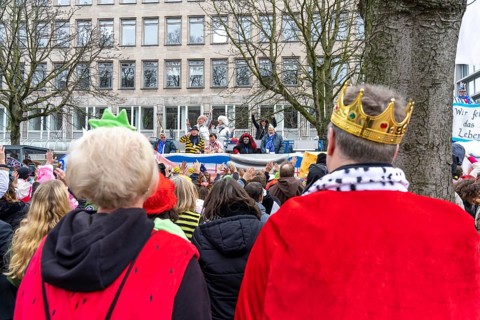 Rose Monday parade in Düsseldorf, spectators, in costumes, at the street carnival, North